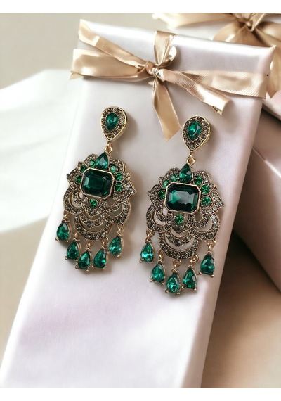 Kristal Taşlı Su Damlaları Sallantılı Küpe Yeşil