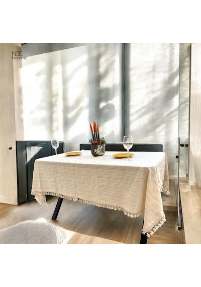 Dnc Home Tekstil  Buldan Dokuması Çizgili Krem Keten Ponponlu Masa Örtüsü 001