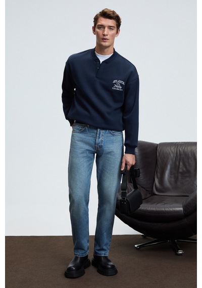 Grimelange JETHRO Erkek Bomber Yaka Patlı Düğmeli Göğsü Nakışlı Relaxed Fit Lacivert Sweatshirt