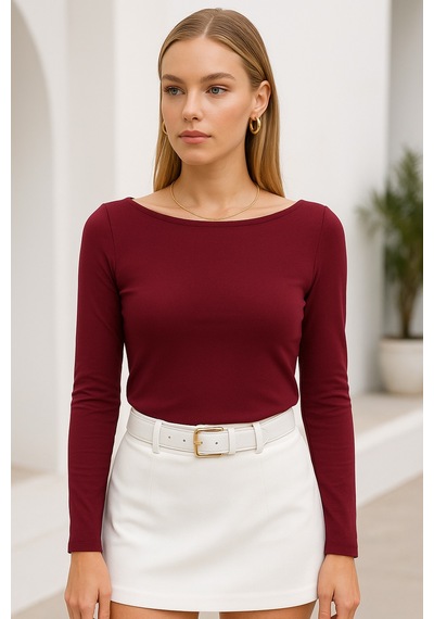 Rich Kadın Bordo Kayık Yaka Uzun Kollu Bluz Bordo