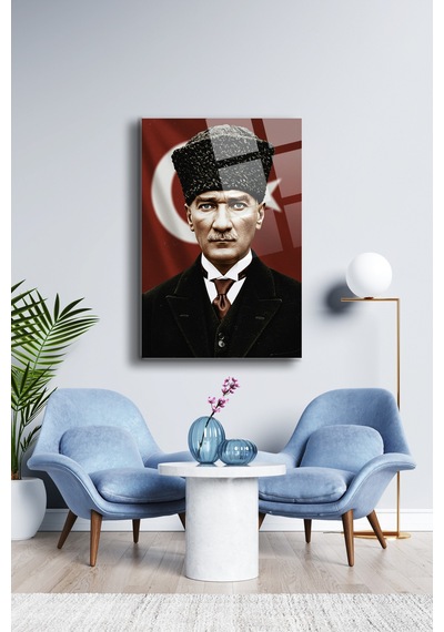 Atatürk Cam Tablo - Portre - Cam Tablo - Duvar Dekoru - Atatürk Portresi - Kaliteli Baskı Ata021 Atatürk Temalı Dekoratif Duvar Tablosu, Salon, Ofis Ve Çalışma Alanı Dekoru,