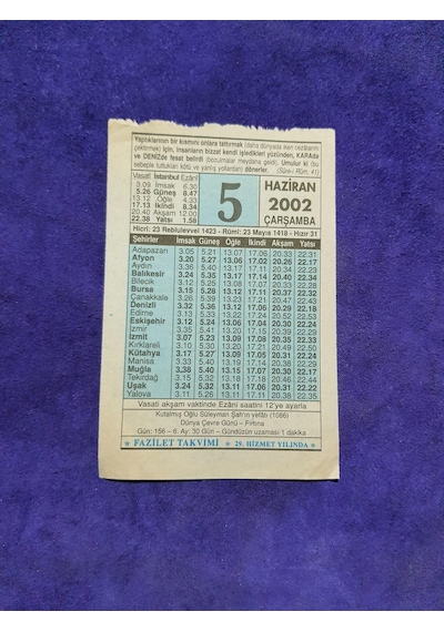5 Haziran 2002 Takvim Yaprağı - Nostalji Koleksiyonluk Takvim Yaprağı