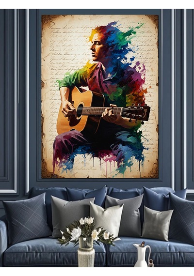 Ahşap Tablo Gitar Çalan Renkli Sanatçı Dekoratif Tablolar