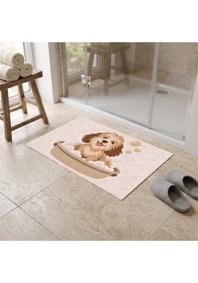 Kartela Halı Köpek Desenli Banyo Paspası Gül Kurusu Kaymaz Taban Makinede Yıkanabilir 50x75 Cm