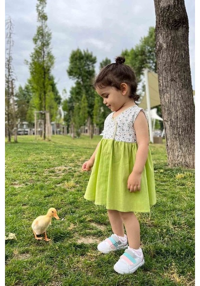 Dantel Detaylı Çiçek Desenli Kolsuz Kruvaze Yeşil Kız Çocuk Bebek Elbise 001