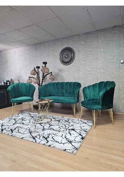Zafir Gold Kaplama Tel Ayak Papatya Çay Seti Koltuk Takımı , Balkon, Salon, Ofis, Cafe Koltuk Takımı Yeşil