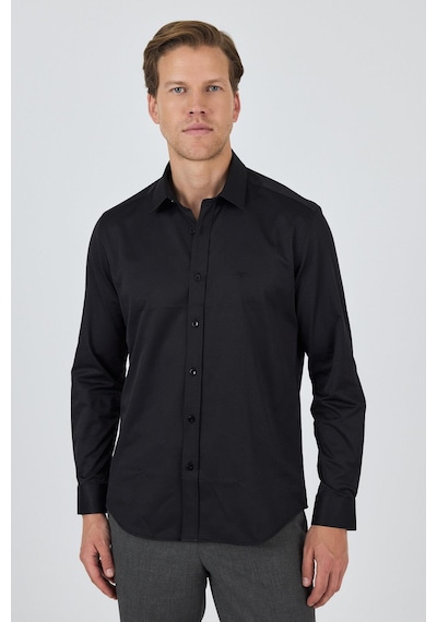 İmza Uzun Kol Düz Bez Ayağı Sert Yaka Cepsiz Pamuklu Classic Slim Fit Gömlek 1004250211 Siyah