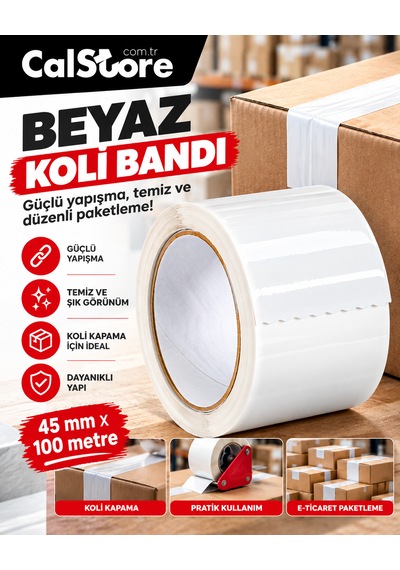 Beyaz Koli Bandı 45mmx100m Renkli Koli Bantı Beyaz Renk Hotmelt Yapışkanlı 12