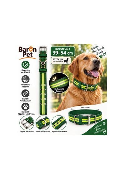 Baron Pet Köpek Boyun Tasması 39-54 Cm Reflektörlü Dokuma Metal Tokalı Büyük Irk - Yeşil Çok Renkli