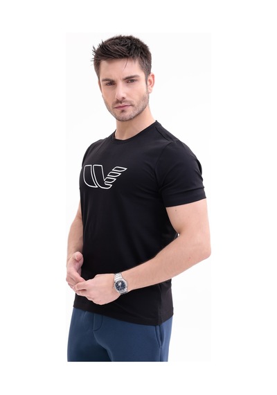Rowinger 30/1 Süprem Kumaş Bisiklet Yaka Logo Baskılı Kısa Kollu Erkek Tişört Black