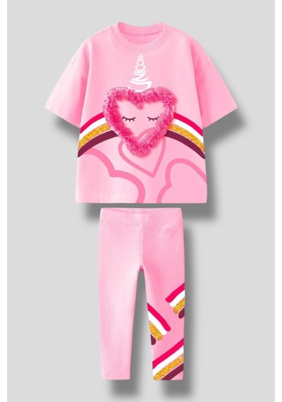 Lolliboomkids Yeni Sezon 3d Kalp Detaylı Unicorn Baskılı T-shirt Tayt Alt Üst Takım - 2 Parça / Pamuklu Pembe Lolliboomkids Yeni Sezon 3d Kalp Detaylı Unicorn Baskılı T-shirt Tayt Alt Üst Takım - 2 Parça / Pamuklu Pembe