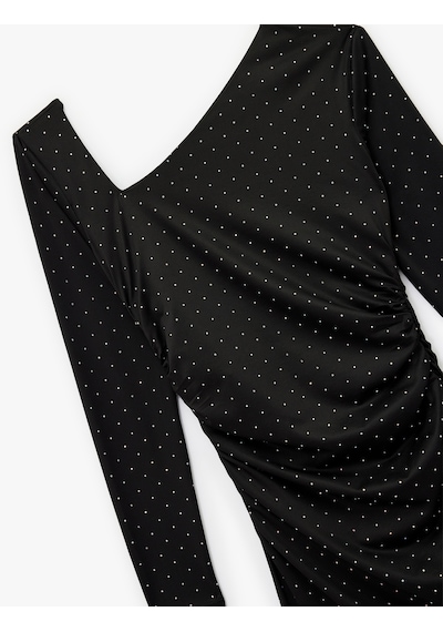Koton Uzun Kollu Asimetrik Yaka Slim Fit Bodycon Taşlı Mini Abiye Elbise Siyah 6wak80066fk Siyah