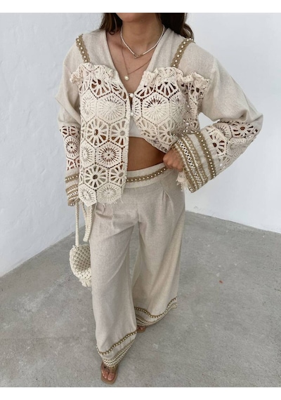 Fashion Cocktail Romantik Kore Tarzı İnci Brode İşçilikli Dantel Zarif Yelek Pantolon Ham Keten Bohem Takım Bej Fashion Cocktail Romantik Kore Tarzı İnci Brode İşçilikli Dantel Zarif Yelek Pantolon Ham Keten Bohem Takım Bej