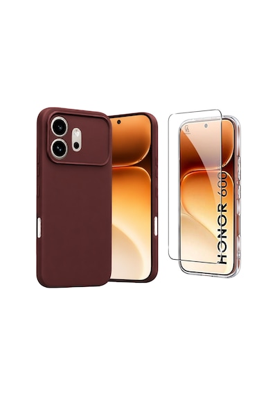 Honor 600 İle  Kılıf Esnek Premium Telefon Kılıfı Ve Temperli Cam Ekran Koruyucu Bordo