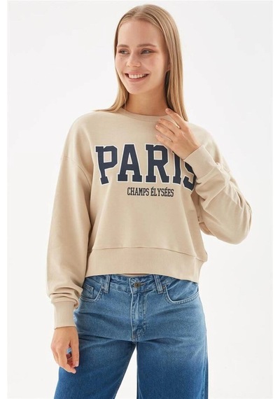 Fashion Frends Fashion Friends Baskılı Crop Sweat Bej Bej / Beige