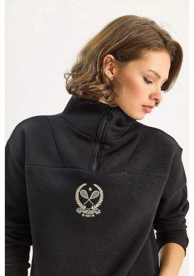 Shade Kadın Dik Yaka Yarım Fermuarlı İçi Polarlı Crop Sweatshirt 1808 60283713 - Siyah
