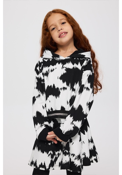 Panço Kız Çocuk Desenli Kapüşonlu Siyah Sweatshirt