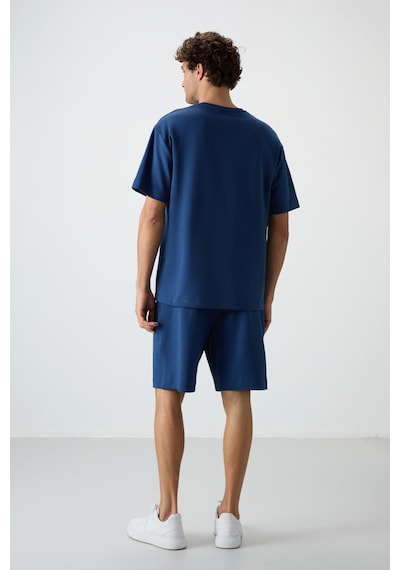 Tommy Life Parlament Pamuklu Kalın Yumuşak Dokulu Oversize Fit Nakışlı Erkek Şort Takım - 85250 Lacivert