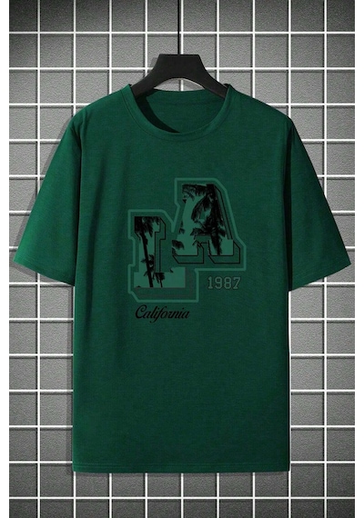 Erkek La California 1987 Baskılı Oversize Tshirt Yeşil