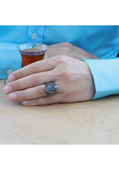 Faset Mistik Topaz Taşlı Oval Tasarım Kişiye Özel İsim/harf Yazılı 925 Ayar Gümüş Erkek Yüzük