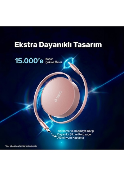 Ttec USB-C - USB-C Mini Makaralı 100W PD/QC 120 CM Hızlı Şarj Kablosu