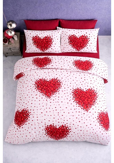 Lüks%80 Pamuklu Çift Kişilik Nevresim Takımı Seti Yorgan Kılıfı Kırmızı Kalp Desen 220x200 Cm + Lastikli Battal Boy Çarşaf 180x200x30 Cm +2 Yastık Kılıflı 50x70 Cm Çok Renkli