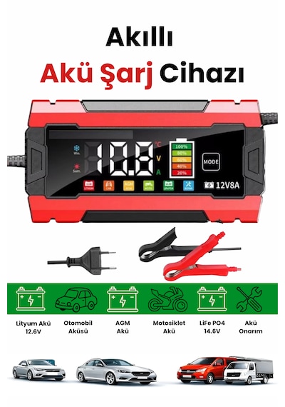 Auhma12v 8a Akıllı Akü Şarj Cihazı 12v 8a Lcd Ekranlı Pulse Repair Otomatik Akü Şarj & Desülfatör