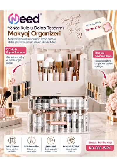 Need Yonca Kulplu Dolap Tasarımlı Çekmeceli Makyaj Ve Kozmetik Organizeri Beyaz / Pembe Kulp Nd-808-wpk
