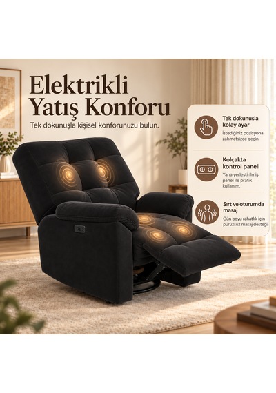 Smarto Relax Porto Masajlı Elektrikli Döner Sallanan Tv Koltuğu Kontrol Panelli Ergonomik Polyester Baba Koltuğu Siyah