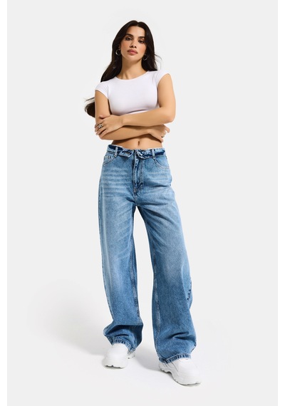 Itsbasic Kadın Mavi 4s6-4 Straight Fit Kemer Detaylı Özel Tasarım Denim Jean