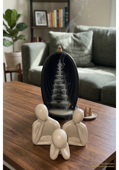 Tütsü Şelalesi Standı & Aile Figürü Biblo 4'lü Set Alçı Zen Meditasyon Dekor Minimalist