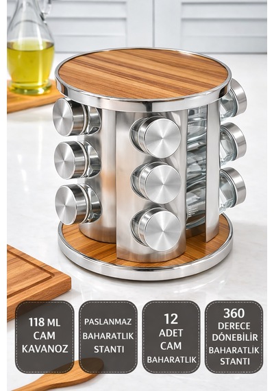 Makri Home 12 Li Ahşap Krom Yuvarlak Döner Baharatlık, 360 Paslanmaz Stantlı, 118 Ml Cam Kavanoz, 19 X 23 Cm Ahşap