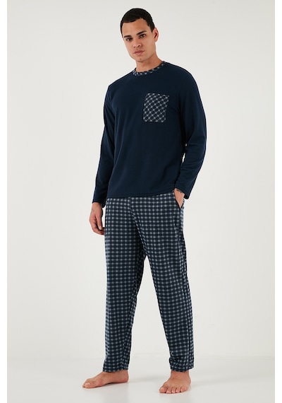 Buratti Kareli Yumuşak Dokulu Regular Fit Uzun Kollu Erkek Pijama Takımı 609611060 Lacivert-Gri