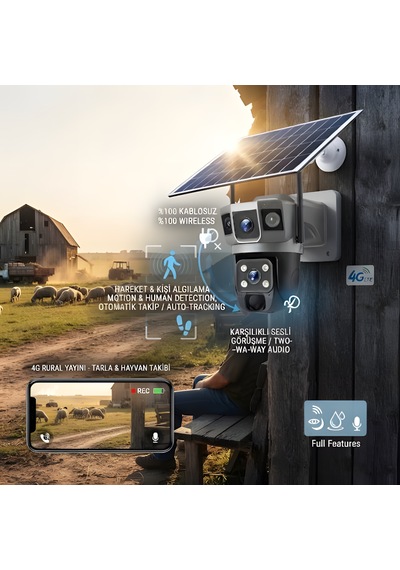 4g Solar Ptz 3 Görüntü Kamera-6.0mp 6 Adet Çift Çekirdekli Led