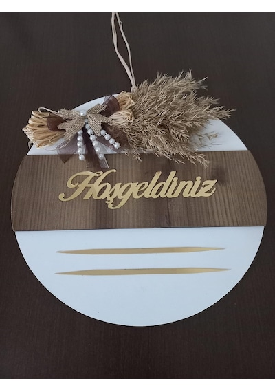Hoşgeldiniz Yazılı Aynalı Pleksi Ahşap Kapı Süsü Beyazkahve Çok Renkli