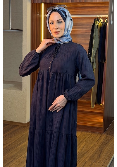 Bestenur Yarım Düğmeli Elbise 1689 - Lacivert Lacivert