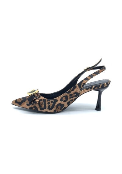 Feles Fiyonk Sarı Toka Detaylı Arkası Açık Stiletto Kadın Topuklu Ayakkabı Leopar