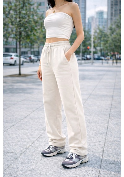Winmoda34 Kadın Trend Bol Paça Modal Kumaş Eşofman Altı Çift Cepli Wide Leg Krem