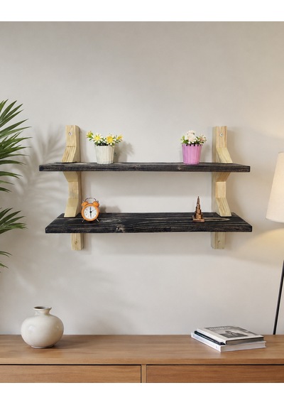 Modern 2 Katlı Ahşap Duvar Rafı Dekoratif Masif Ahşap Kitaplık Ve Duvar Rafı Siyah