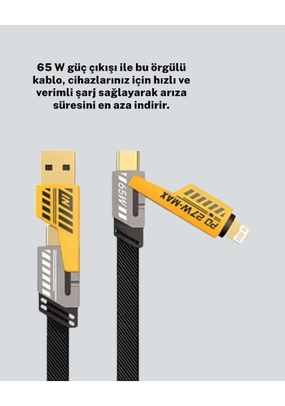 Techmrt Hızlı Şarj Destekli 65w Örgülü Usb-c Ve Usb-a Çoklu Şarj Kablosu