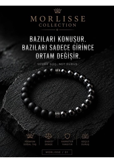 Morlisse Hematit Ve Oniks Doğal Taş Bileklik Gri