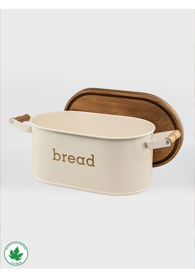 Ahşap Kapaklı Ahşap Kulplu Metal Ekmeklik Bread Baskılı - Krem Krem