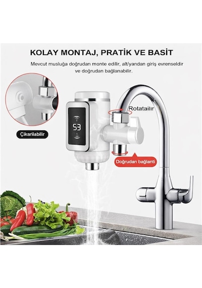 Dijital Göstergeli Elektrikli Musluk Ani Su Isıtıcı 3000w Şofben Musluk Başlığı Sıcak Soğuk Su Beyaz