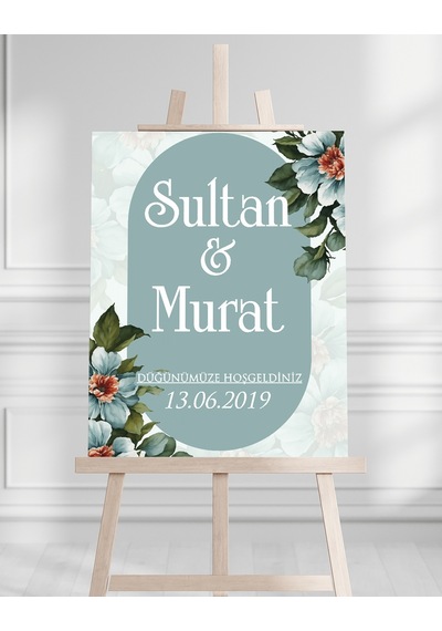 Söz Nişan Düğün İçin 50x70 Karşılama Panosu - Turkuaz Çiçek Tasarımlı Beyaz