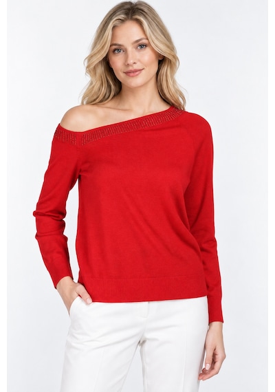 Bihan Store Kadın Triko Sandık Yaka Boncuk İşlemeli Bluz W27-2916-kırmızı