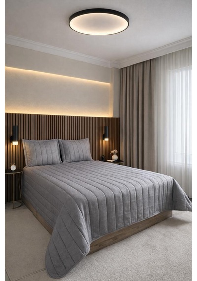 Velmira Jakarlı Kadife Elyaf Dolgulu Yatak Örtüsü 240x240 Cm Gri Gri