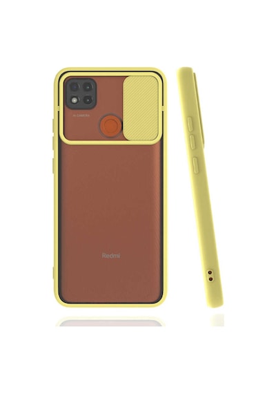Noktaks - Redmi 9c Uyumlu - Kılıf Slayt Sürgülü Arkası Buzlu Lensi Kapak - Sarı Sarı