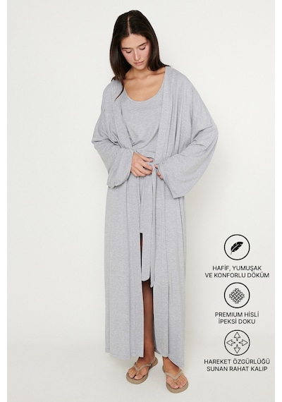 Ac&co / Altınyıldız Classics Kadın Grı Melanj Yumuşak Dokulu Rahat Standart Fit Şal Yaka Esnek Kimono