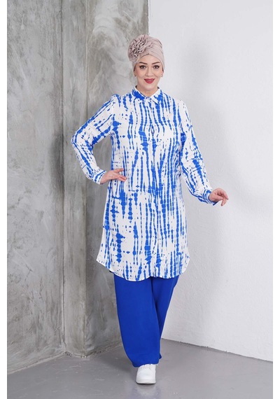 Polologin Butik Mavi Desenli Tunik Ve Pantolon Takım Mavi & Beyaz
