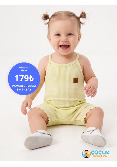 HelloBaby Pamuklu İp Askılı Cep Detaylı Kız Bebek Tulum Sarı Sari